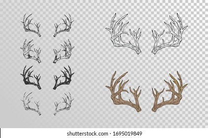 Vector set of hand drawn horns deer with grunge elements in different versions on a transparent background. 