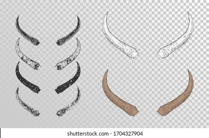 Vector set of hand drawn horns buffalo with grunge elements in different versions on a transparent background.