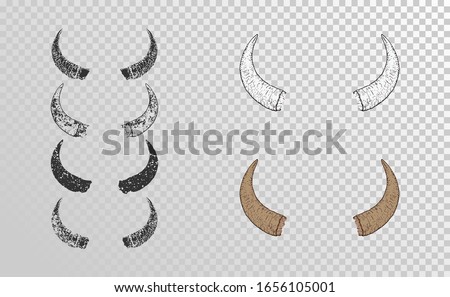 Vector set of hand drawn horns bull with grunge elements in different versions on a transparent background. Monochrome and color variation. For you design, tattoo or magic craft.