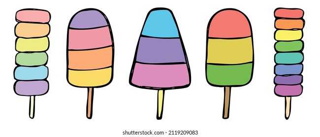Vector set of hand drawn ice cream illustration isolated on white backgrounds. Cute colorful dessert clipart. For print, web, design, decor, logo.