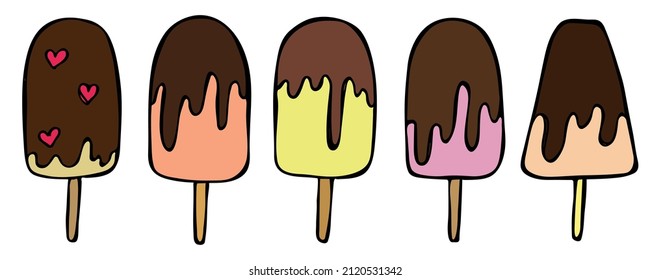 Vector set of hand drawn ice cream illustration isolated on white backgrounds. Cute colorful dessert clipart. For print, web, design, decor, logo.