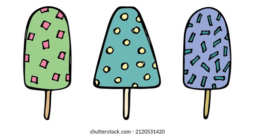 Vector set of hand drawn ice cream illustration isolated on white backgrounds. Cute colorful dessert clipart. For print, web, design, decor, logo.