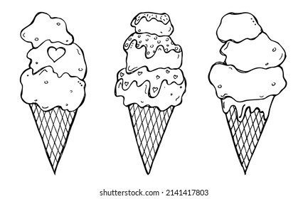 Vector set of hand drawn ice cream illustration isolated on white backgrounds. Cute dessert clipart. For print, web, design, decor, logo.