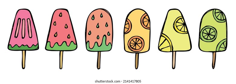 Vector set of hand drawn ice cream illustration isolated on white backgrounds. Cute dessert clipart. For print, web, design, decor, logo.