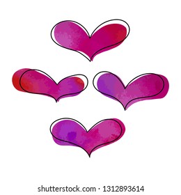 Vector set of hand drawn icons. Watercolor colorful coral, pink, purple hearts with black stroke in sketch, doodling style on white background. For Valentine's Day.