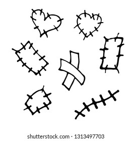 Vector set of hand drawn icons. Plaster, scar,  patch into shape of heart in doodling style. Black on white background. 