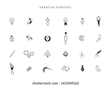 Vector set of hand drawn icons. Creative Contest theme. For business identity and branding, for blogs and websites, for writers, designers and artists.
