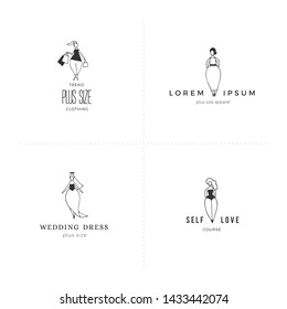 Vector set of hand drawn icons with text. Body positive concept. Attractive happy overweight women. Love your body. For large-size clothing stores.