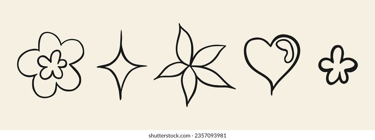 Vector set of hand drawn icons, line illustration, outline. The tattoo is drawn with a thin line. Flower, heart, radiance. Vector illustration.