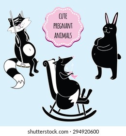 Vector set of hand drawn icons with pregnant animals. Fox in a swinging chair, cat, rabbit and raccoon