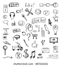 Vector set of hand drawn icons and design elements. Business, social, technology, finance doodles. Sketch style isolated on white background.