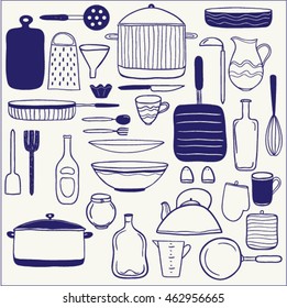 Vector set of  hand drawn icons. Kitchen utensils and dishes items. Cute cartoon illustration. Clip art for design.