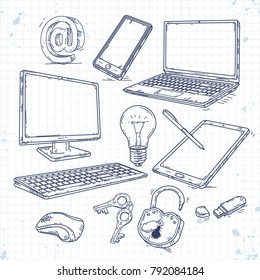 Vector Set Of Hand Drawn Icons Computer Technology