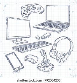Vector set of hand drawn icons of computer technici for games