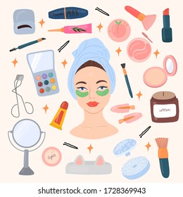 Vector set hand drawn illustation.Skin care routine icons.Cartoon style. Flat design.Beautiful young ladies and various cosmetics. Beauty routine.Face and body care concept.