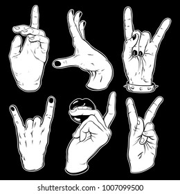 Vector set of hand drawn illustration of hands . Collection of pins and badges. Template for card, poster, bunner, print for t-shirt.