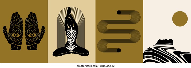 Vector set of hand drawn illustration yogi, geometrical elements, fortune teller's hands. Surreal artworks. Template for card, poster, banner, print for t-shirt, pin, badge, patch.