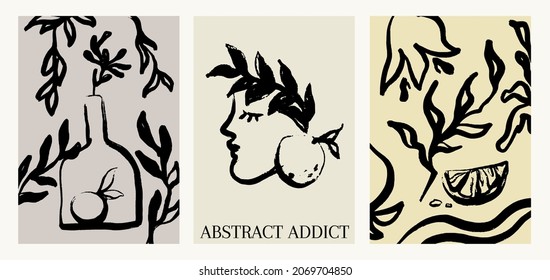 Vector set with hand drawn illustration with still life with floral elements, face . Creative artwork. Template for card, poster, banner, print for t-shirt, pin, badge, patch.