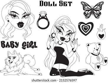 Vector set of hand drawn illustration of bratz doll, puppy, ring, teddy bear, two hearts, butterfly. Collection of tattoo artworks. Template for sticker, poster, banner, print for t-shirt, pin, badge.