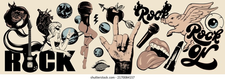 Vector set of hand drawn illustration of flying pig, mouth, mermaid, guitar. Creative collection of tattoo artworks . Template for card, poster, banner, print for t-shirt, brochure, label.
