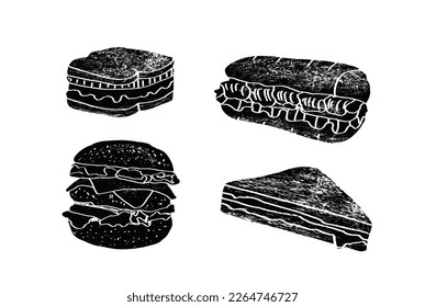 Vector set of hand drawn illustration: hot dog, sandwich and hamburger