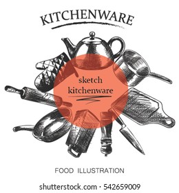 Vector set hand drawn illustration with kitchen tools. Kitchenware sketch. Retro style