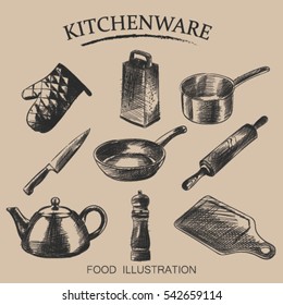 Vector set hand drawn illustration with kitchen tools. Kitchenware sketch. Retro style