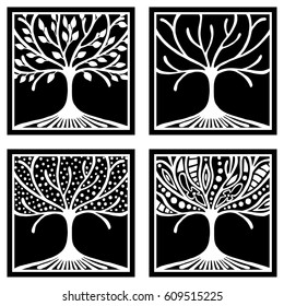 Vector set of hand drawn illustration, decorative ornamental stylized tree. Black and white graphic illustration isolated on the white background. Inc drawing silhouette. 