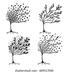 Vector set of hand drawn illustration, decorative ornamental stylized tree. Black and white graphic illustration isolated on the white background. Inc drawing silhouette. 