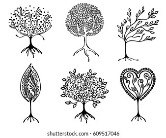 Vector set of hand drawn illustration, decorative ornamental stylized tree. Black and white graphic illustration isolated on the white background. Inc drawing silhouette. 