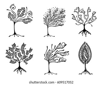 Vector set of hand drawn illustration, decorative ornamental stylized tree. Black and white graphic illustration isolated on the white background. Inc drawing silhouette. 