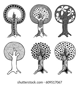 Vector set of hand drawn illustration, decorative ornamental stylized tree. Black and white graphic illustration isolated on the white background. Inc drawing silhouette. 