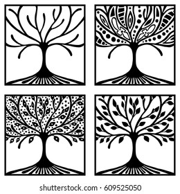 Vector set of hand drawn illustration, decorative ornamental stylized tree. Black and white graphic illustration isolated on the white background. Inc drawing silhouette. 