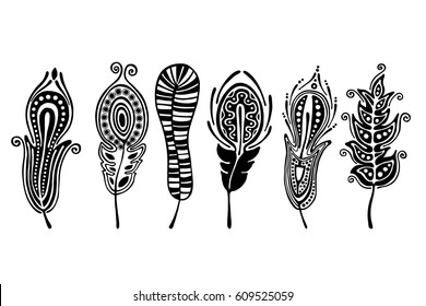 Vector set of hand drawn illustration, decorative ornamental stylized feather. Black and white graphic illustration isolated on the white background. Inc drawing silhouette.
