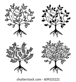 Vector set of hand drawn illustration, decorative ornamental stylized tree. Black and white graphic illustration isolated on the white background. Inc drawing silhouette. 
