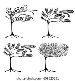 Vector set of hand drawn illustration, decorative ornamental stylized tree. Black and white graphic illustration isolated on the white background. Inc drawing silhouette. 