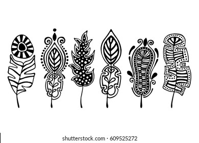 Vector set of hand drawn illustration, decorative ornamental stylized feather. Black and white graphic illustration isolated on the white background. Inc drawing silhouette.