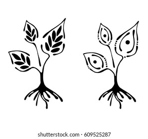 Vector set of hand drawn illustration, decorative ornamental stylized tree. Black and white graphic illustration isolated on the white background. Inc drawing silhouette. 