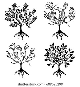 Vector set of hand drawn illustration, decorative ornamental stylized tree. Black and white graphic illustration isolated on the white background. Inc drawing silhouette. 