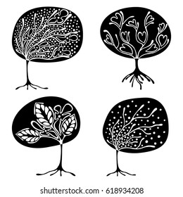 Vector set of hand drawn illustration, decorative ornamental stylized tree. Black and white graphic illustration isolated on the white background. Inc drawing silhouette. 