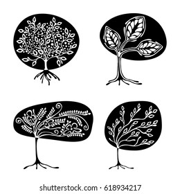 Vector set of hand drawn illustration, decorative ornamental stylized tree. Black and white graphic illustration isolated on the white background. Inc drawing silhouette. 