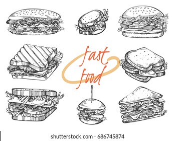 Vector set of hand drawn illustration: hot dog, sandwich and hamburger