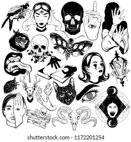 Vector set of hand drawn illustrations of skulls, girls, monsters, moth . Collection of creative tattooes. Template for card, poster, banner, print for t-shirt, pin, badge, patch.