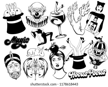 Vector set hand drawn illustrations top hats  rabbit  people   other   Template for card  poster  banner  print for t  shirt  pin  badge  patch 
