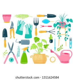Vector set hand drawn illustrations of gardening and care of house plants. Cute garden tools work hand drawn elements.