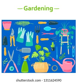 Vector set hand drawn illustrations of gardening and care of house plants. Cute garden tools work hand drawn elements.