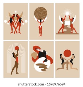 Vector set of hand drawn illustrations of girls isolated. Creative collection of artworks.  Template for card, poster, banner, print for t-shirt, pin, badge, patch.