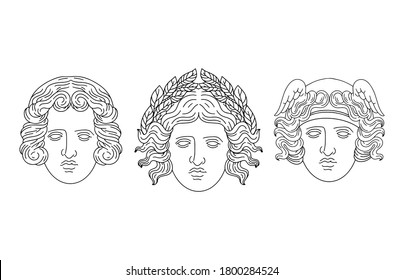 Vector set  of hand drawn  illustrations of antique goddesses with helmet, laurel brunch isolated. Creative tattoo artwork. Template for card, poster, banner, print for t-shirt, pin, badge, patch.