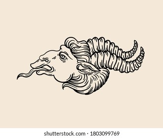 Vector set  of hand drawn  illustrations of antique goat with horns.  Creative tattoo artwork. Template for card, poster, banner, print for t-shirt, pin, badge, patch.