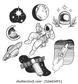 Vector set of hand drawn illustrations on space theme. Sketches with astronaut, planet, spaceship, satellite for sticker or tattoo design.